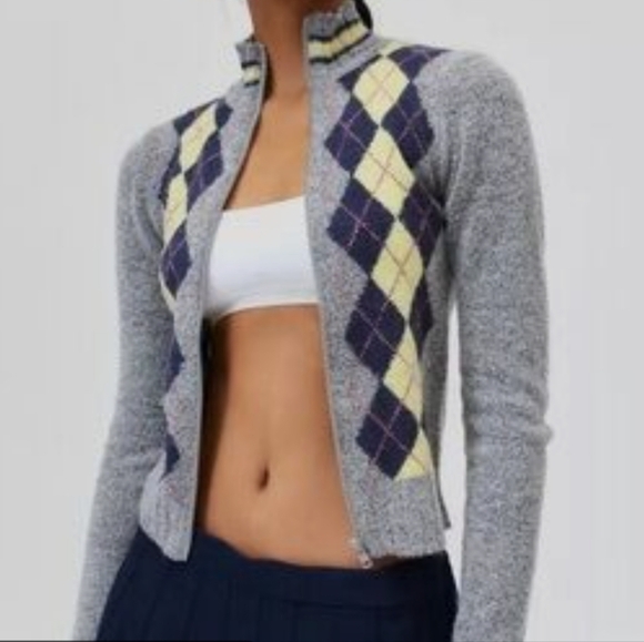 Urban Outfitters Gray Argyle Zip-Up Cardigan Size Lg #532 - Picture 1 of 3